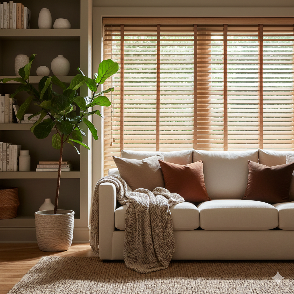 A cozy living room featuring a light-colored sofa with decorative pillows, a throw blanket, and a fiddle leaf fig plant. Natural light streams through wooden blinds, illuminating bookshelves filled with decorative items and books.