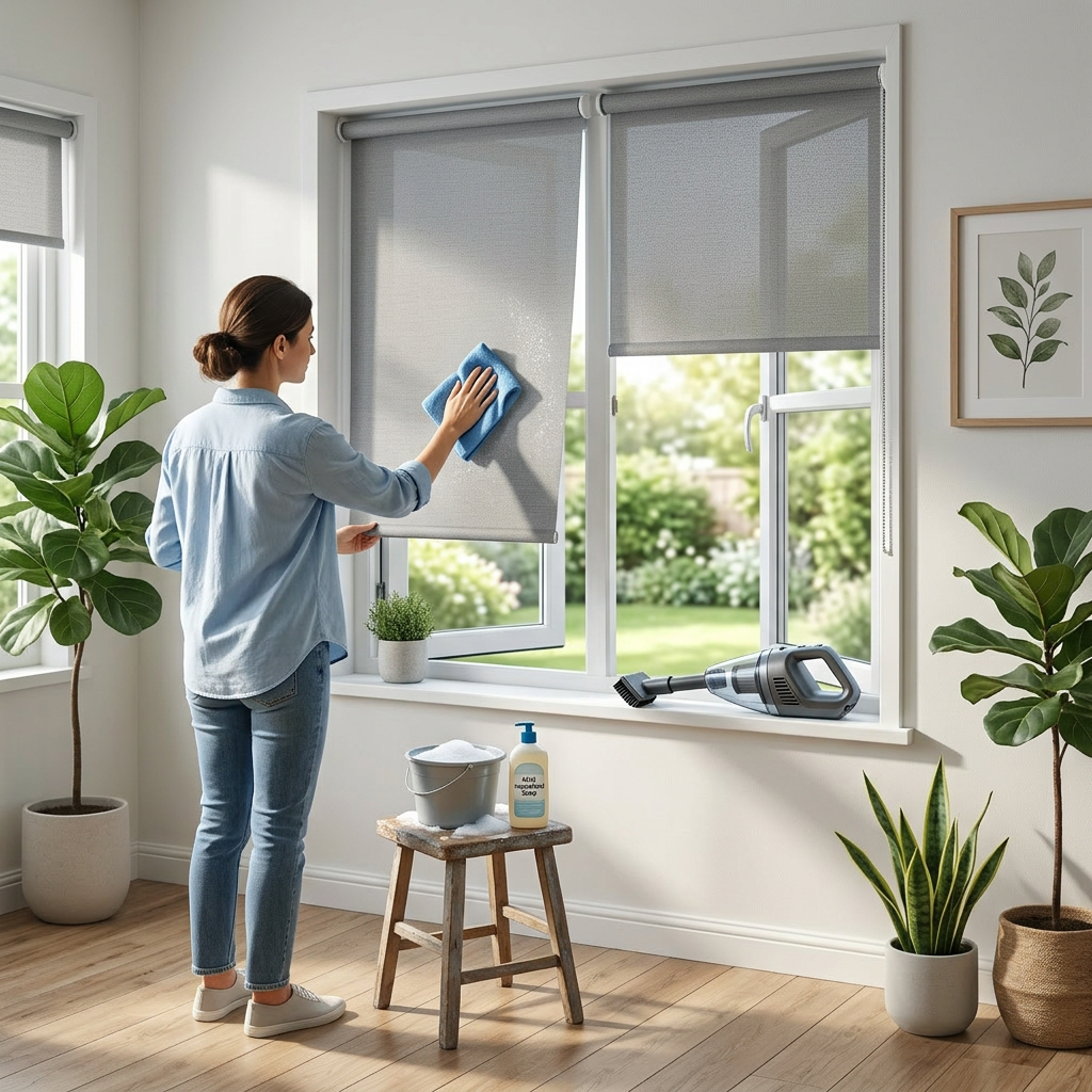 A person cleaning a window with a blue cloth, while standing on a wooden stool. The window is partially open, showing a garden view outside. Cleaning supplies, including a bucket and a spray bottle, are placed on the windowsill. The room has indoor plants and a framed leaf print on the wall.